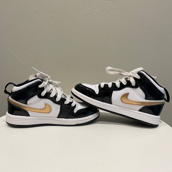 Nike Air Jordan 1 Mid Patent Black White Gold Boy Shoes - Size: 12C - Picture 6 of 9